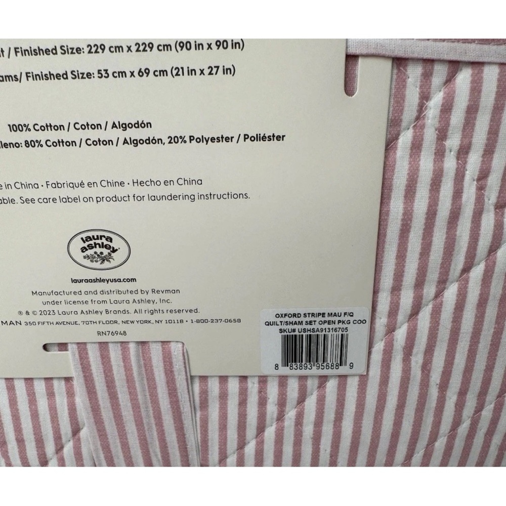 Laura Ashley ~ Full/Queen PINK Oxford Stripe Quilt/Sham Set ~ Reversible/Cotton - Picture 8 of 9